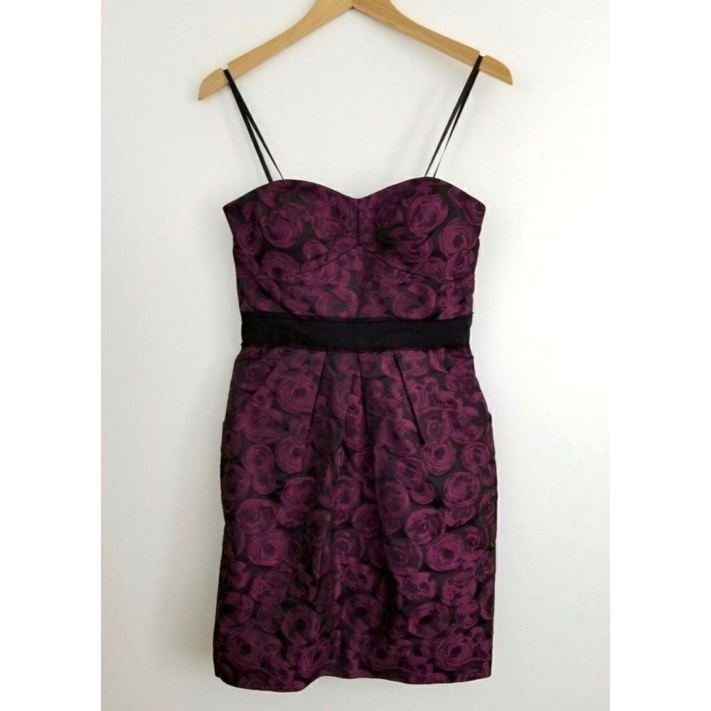 Maxi and Cleo plum swirl sweetheart taffeta dress.